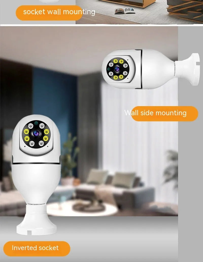 Compact bulb security camera with 5cm x 12cm dimensions showing lens and wifi connectivity for 1080p monitoring