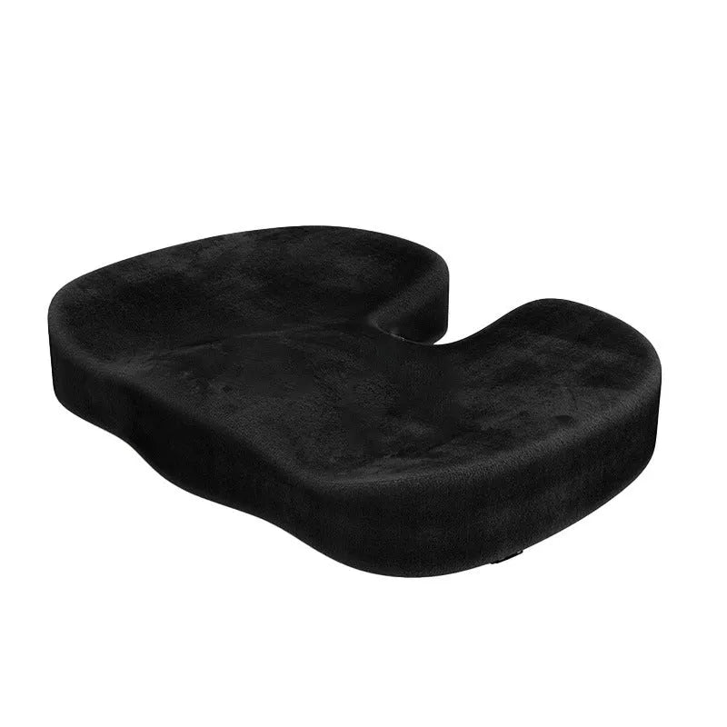 Black U-shaped memory foam seat cushion for office chairs, showing removable flannel cover.