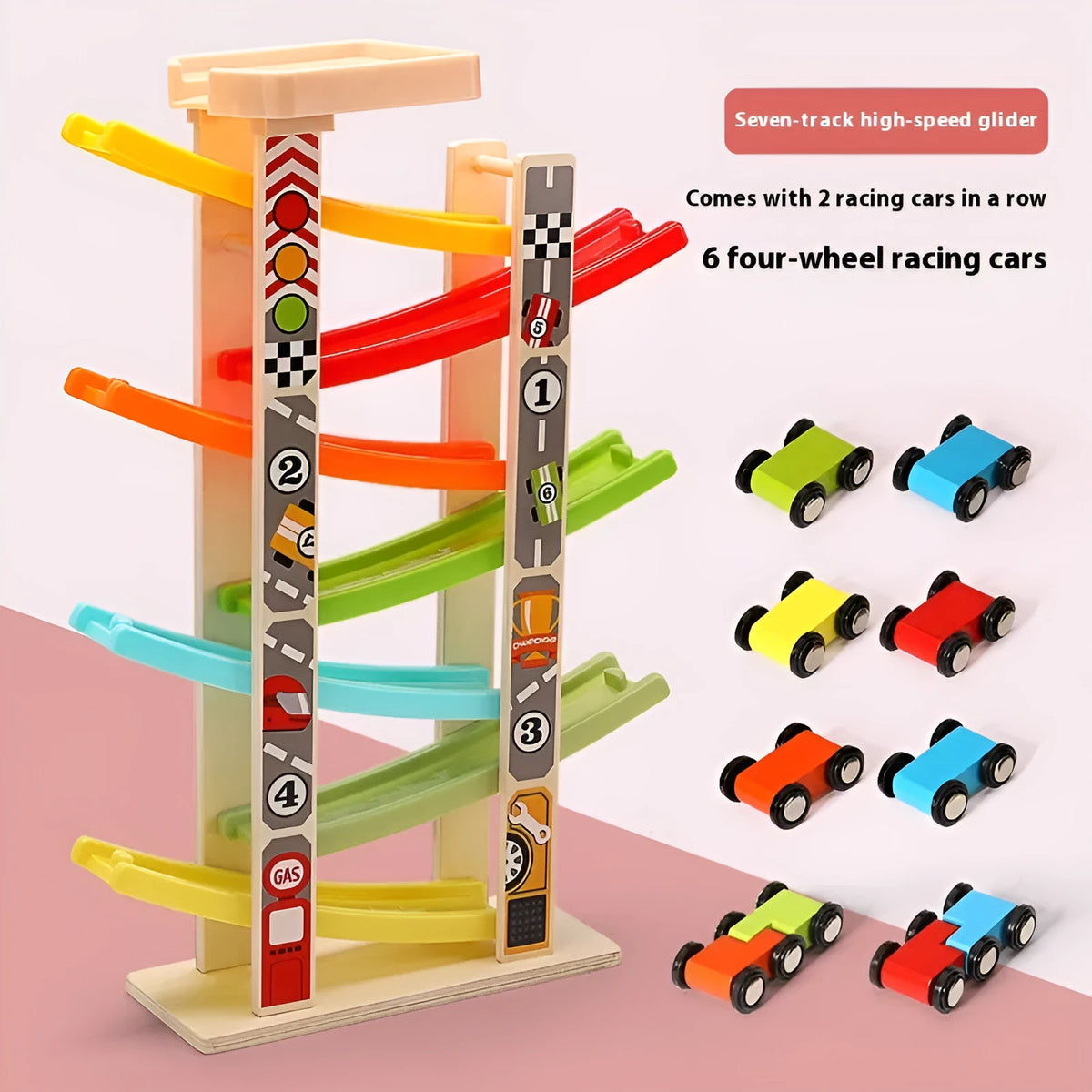 Children's wooden multi-layer gliding car track toy for ages 4-6 with colourful sliding car and track pieces