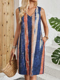 V-neck sleeveless dress with colour block stripes, mid-length skirt, and Japanese Korean casual style