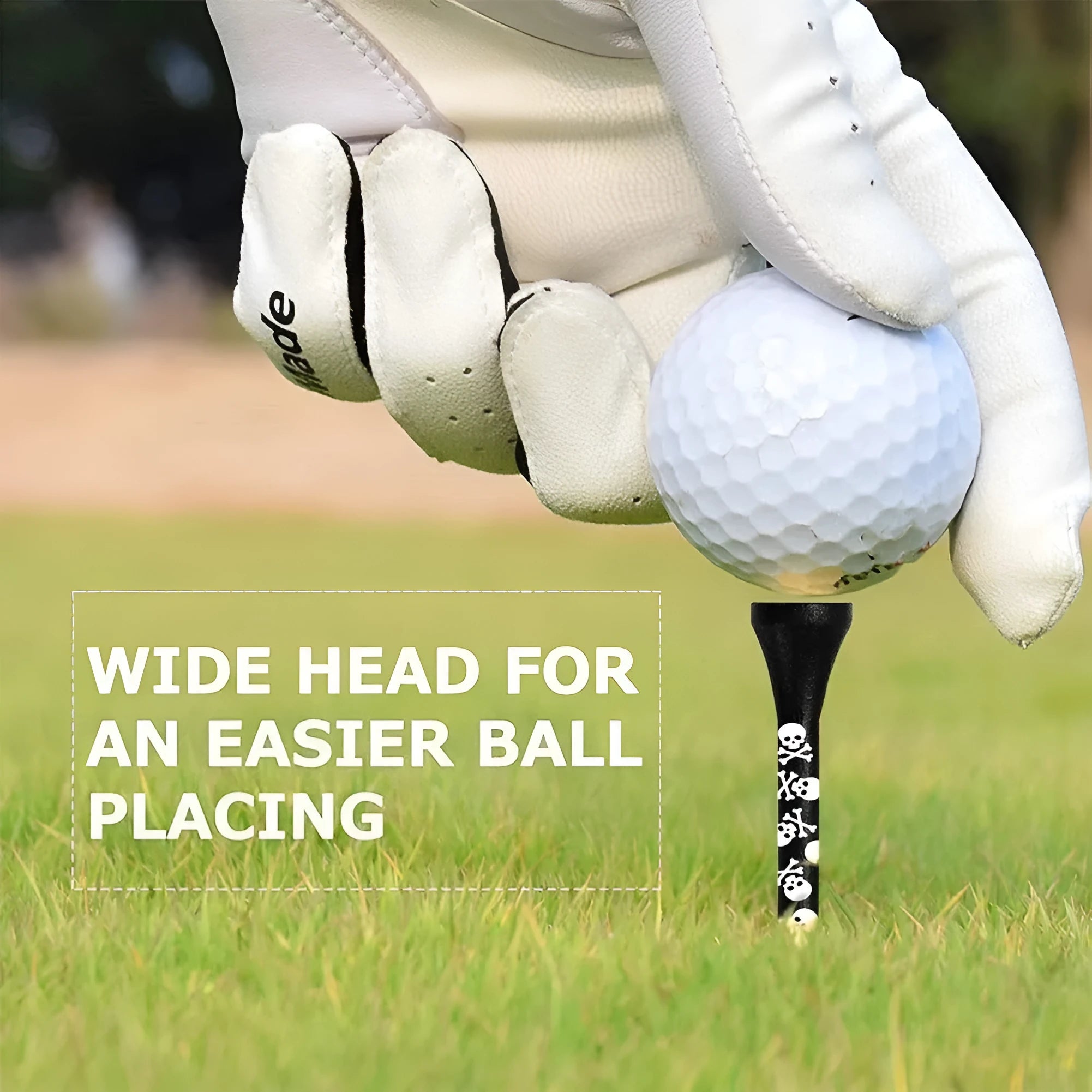 Ten black bamboo golf spike dowel pins with skull print, shown in 70mm and 83mm lengths.