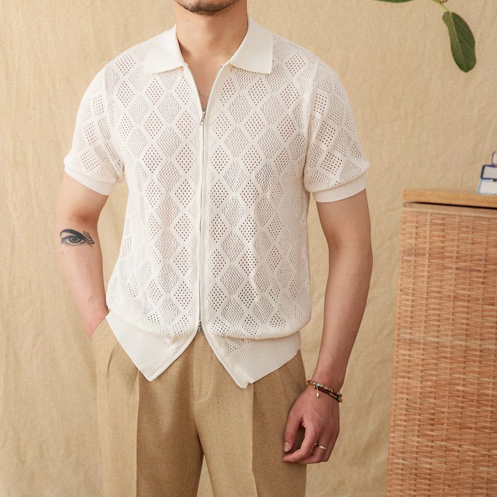 Cotton zipper front cardigan with lapel collar in light coffee colour, short sleeves, casual wear