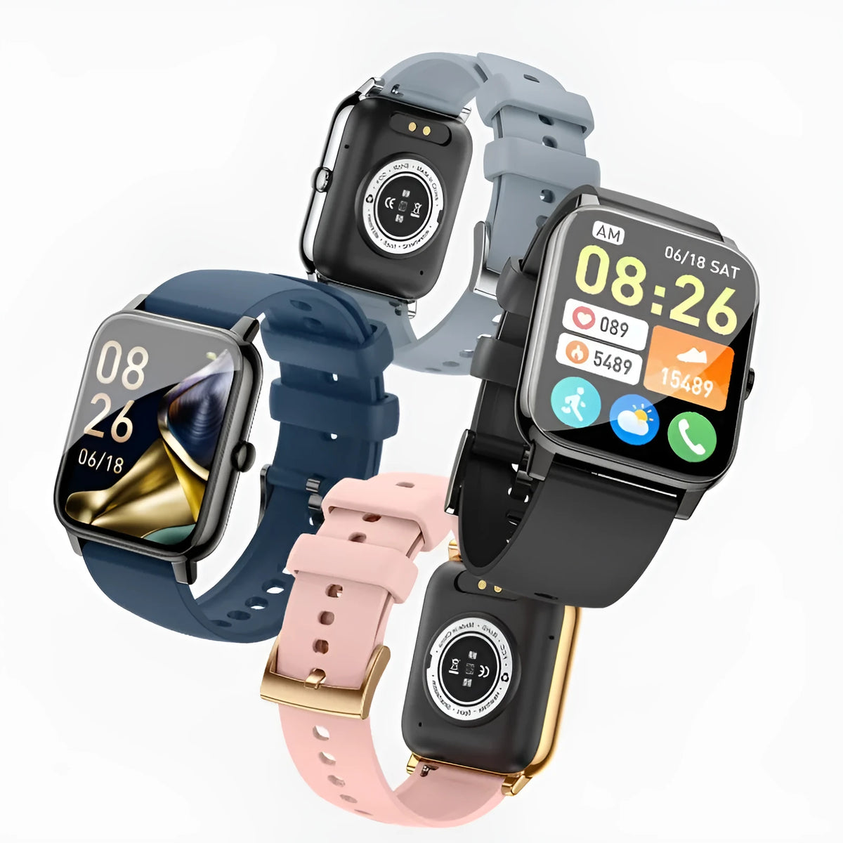 Smart Watch P90 with 1.85 inch square TFT screen, Bluetooth calling, and touch button control in black, dark blue, light blue, pink, or gold steel double silicone strap