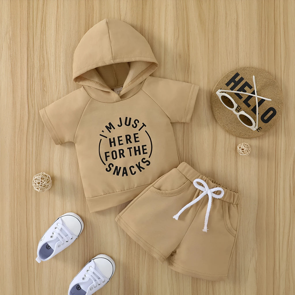 Children's cotton shirt and shorts set with letter print, short sleeves, black or khaki, sizes 70cm to 110cm
