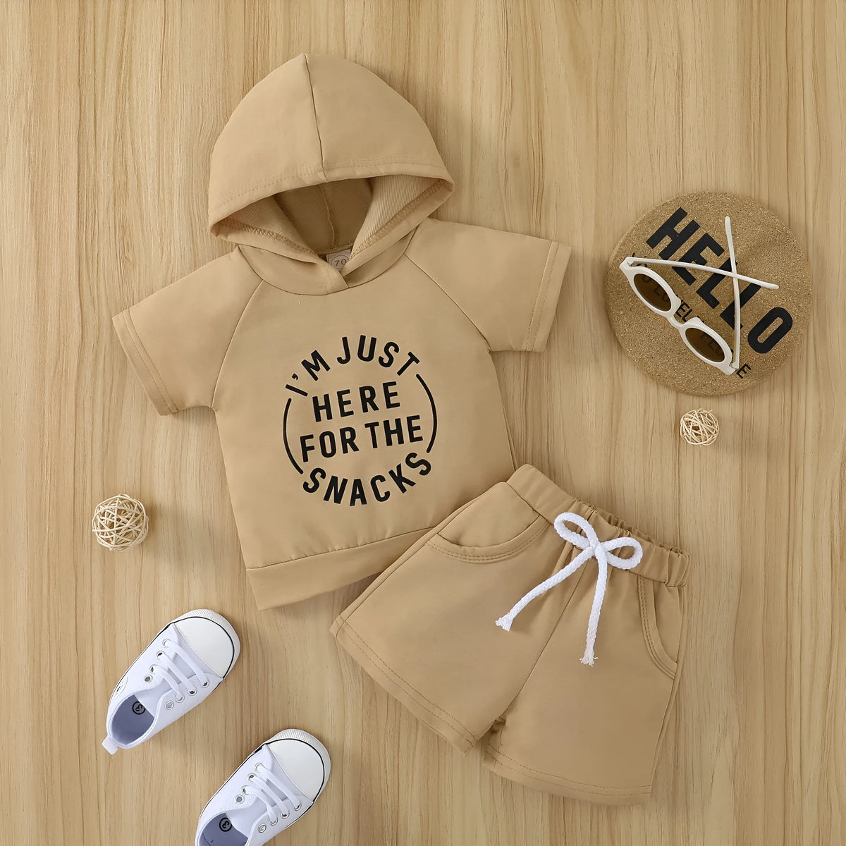 Children's cotton shirt and shorts set with letter print, short sleeves, black or khaki, sizes 70cm to 110cm