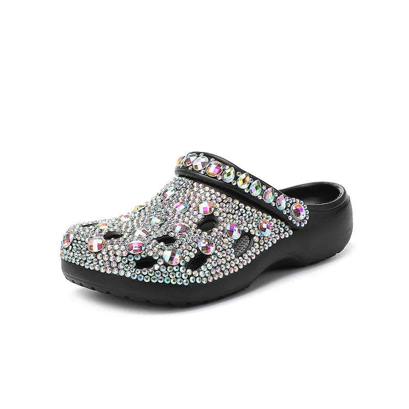 Black women's platform sandals with rhinestone details, perforated EVA upper, and 2cm thick sole