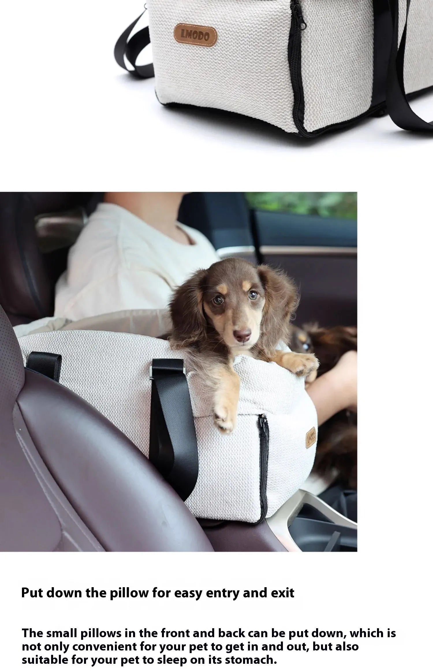 Beige and white polyester pet car nest and bed for small dogs, shown with dimensions 23x20x40cm.