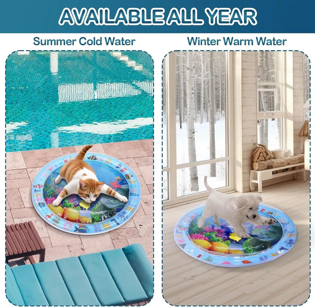Water sensory playmat for cats and dogs with ocean fish theme, 4 floating toys, thickened PVC material, 8cm depth