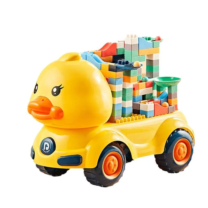 Large particle plastic building block toy car on wheels for children aged 4 to 6, in dinosaur duck shovel and pressure car themes