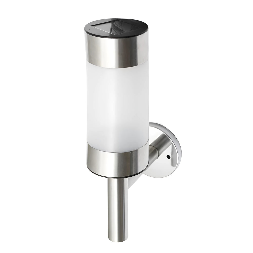 White solar-powered wall light for garden use with plastic and stainless steel construction.