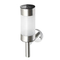 White solar-powered wall light for garden use with plastic and stainless steel construction.