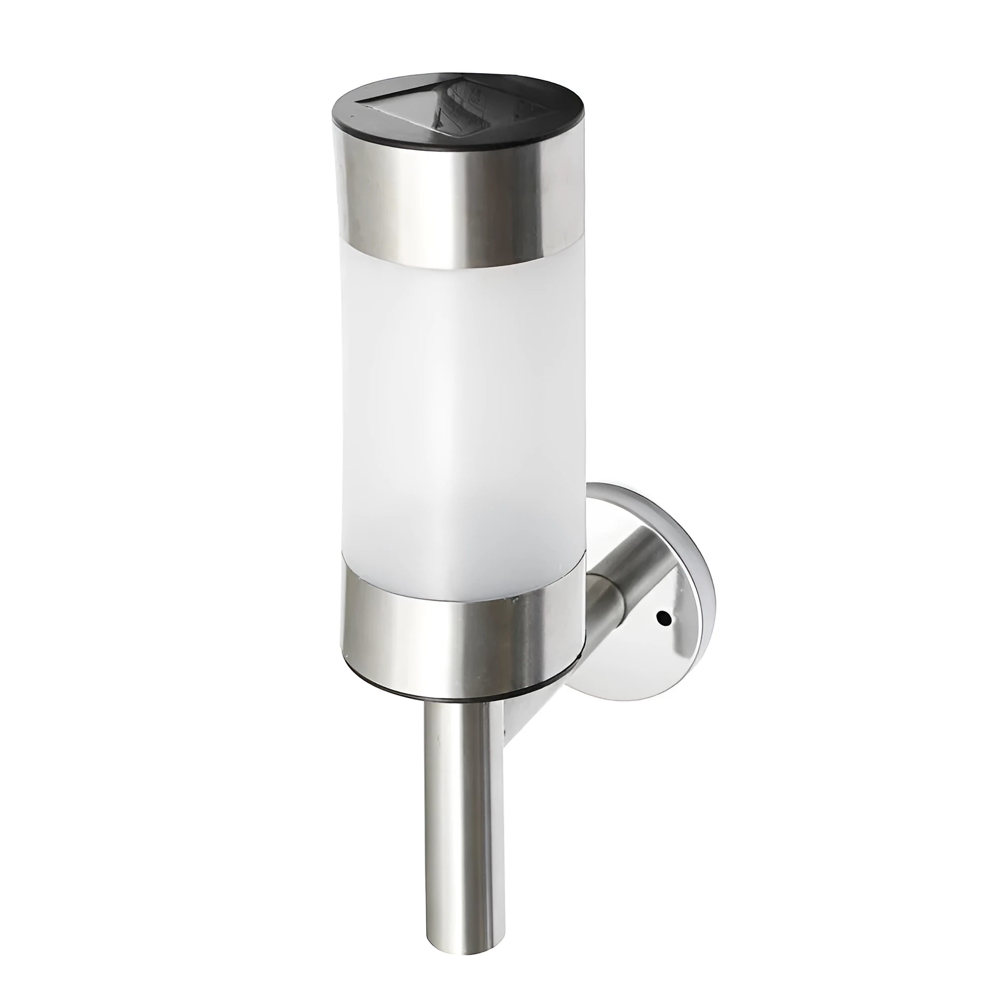 White solar-powered wall light for garden use with plastic and stainless steel construction.