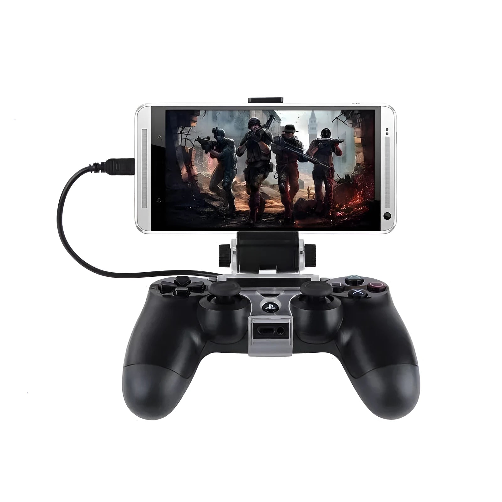 Black PS4 controller mobile phone clip with micro USB OTG cable for Android gaming.