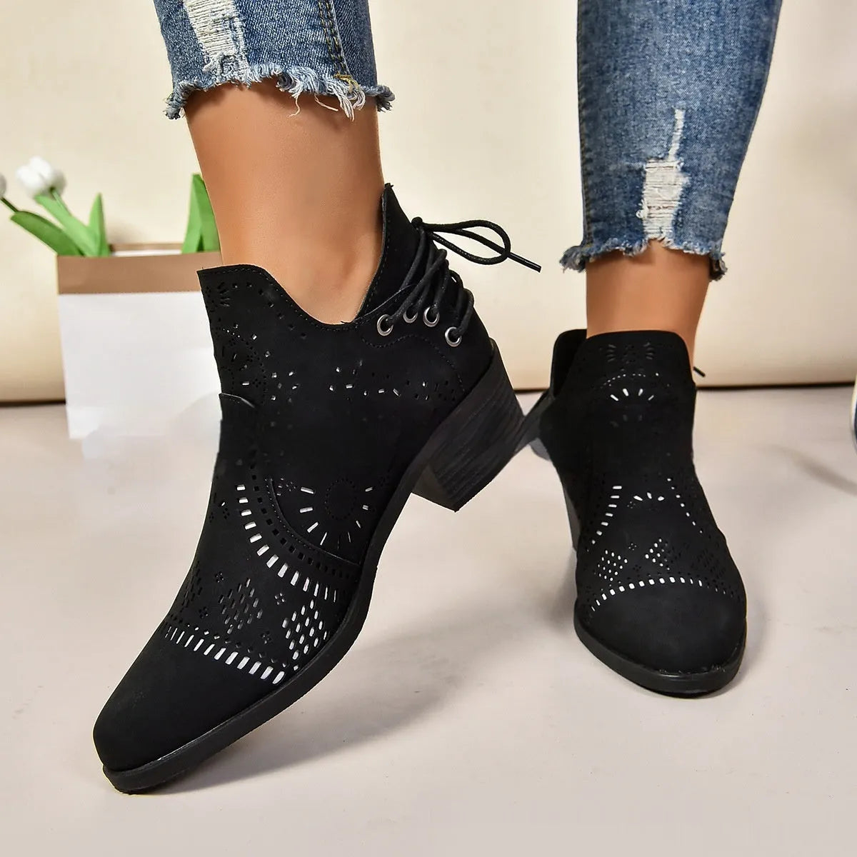 Women's plus size simple fashion boots in black with synthetic PU upper and knee-high calf length