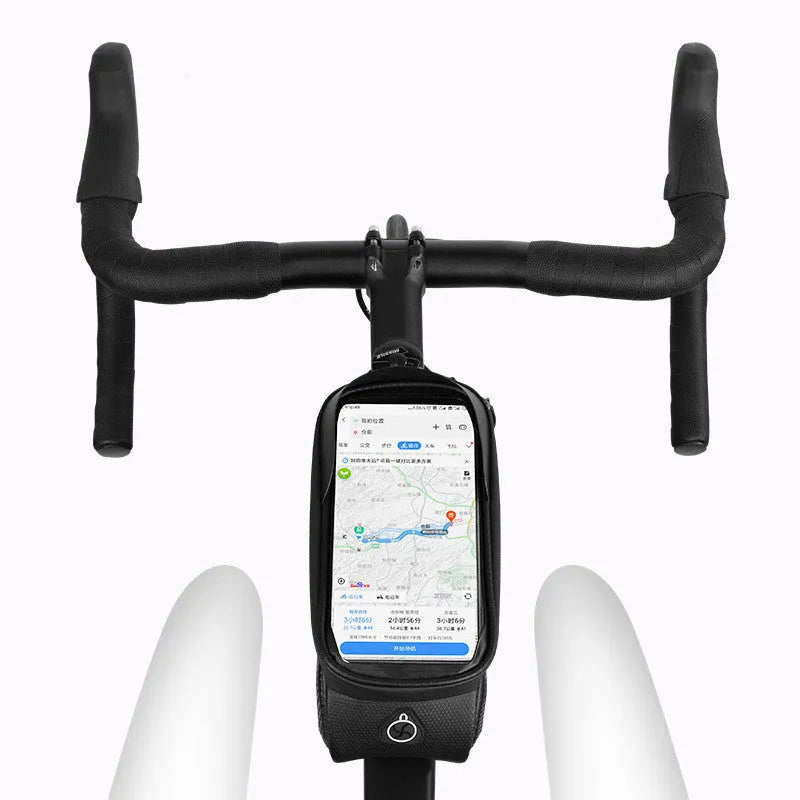 Black and grey mountain bike phone bag with reflective strips mounted on bicycle handlebars