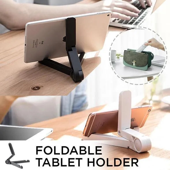 Foldable tablet holder in black showing multi-angle adjustment and non-slip rubber surface for device support