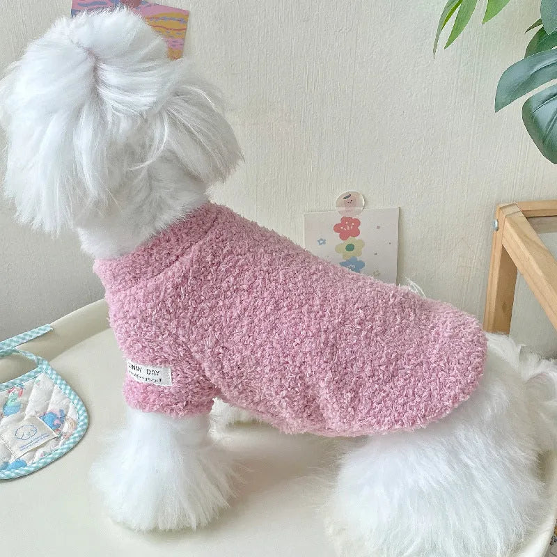 Brown double-sided cloud velvet dog coat with fluffy texture and elastic openings on a small dog.