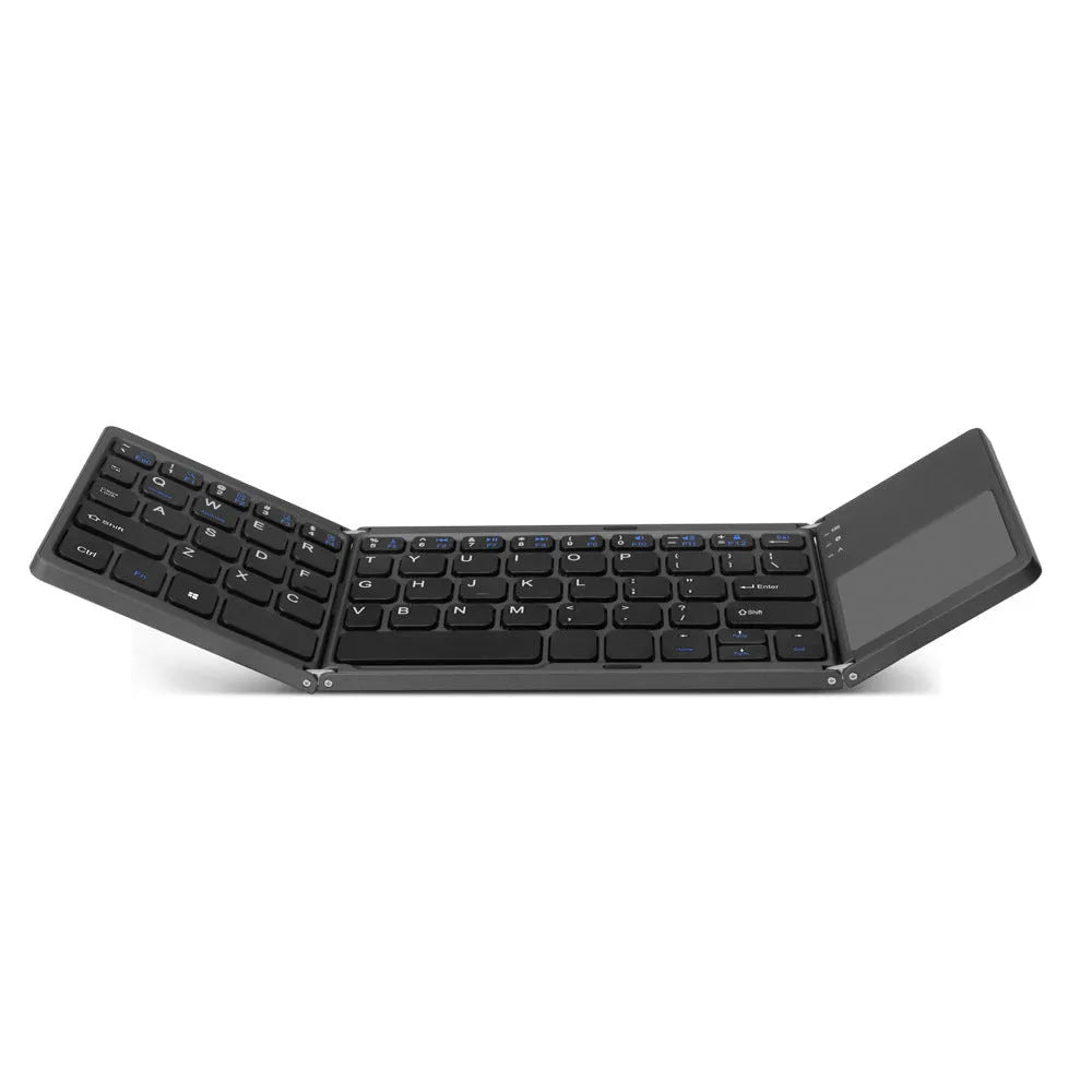 Ultra-thin tri-fold folding touch keyboard in black or silvery white, showing folded and unfolded sizes with touchpad