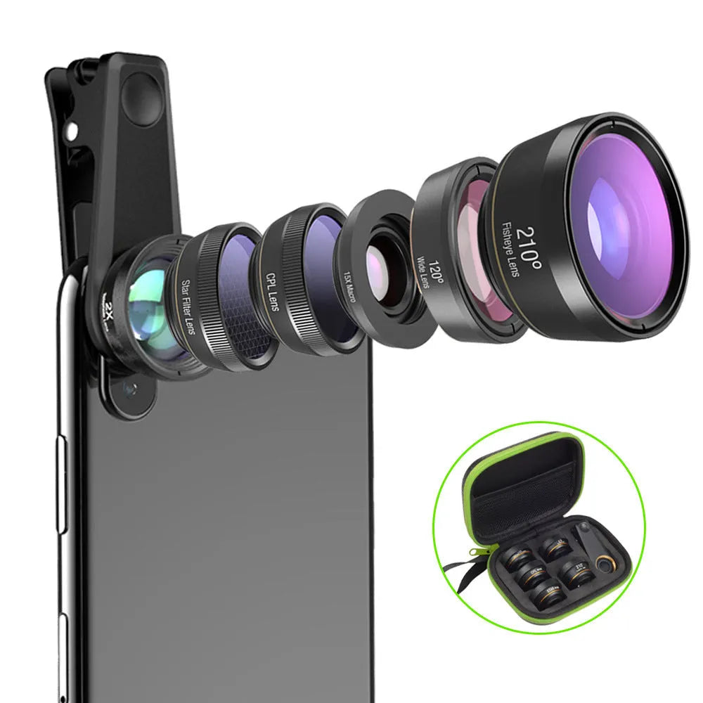 Black 6-in-1 mobile phone lens kit with fisheye, wide-angle, macro, telephoto, CPL, and star filter lenses on universal clip