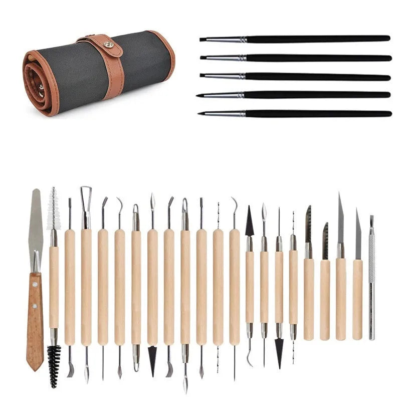 27-piece pottery clay tool set with stainless steel sculpting tools and OPP storage bag.