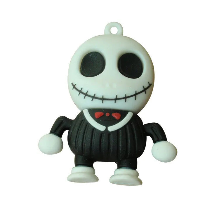 Skeleton skull patterned USB 3.0 flash drive with chain attachment showing PVC shell construction