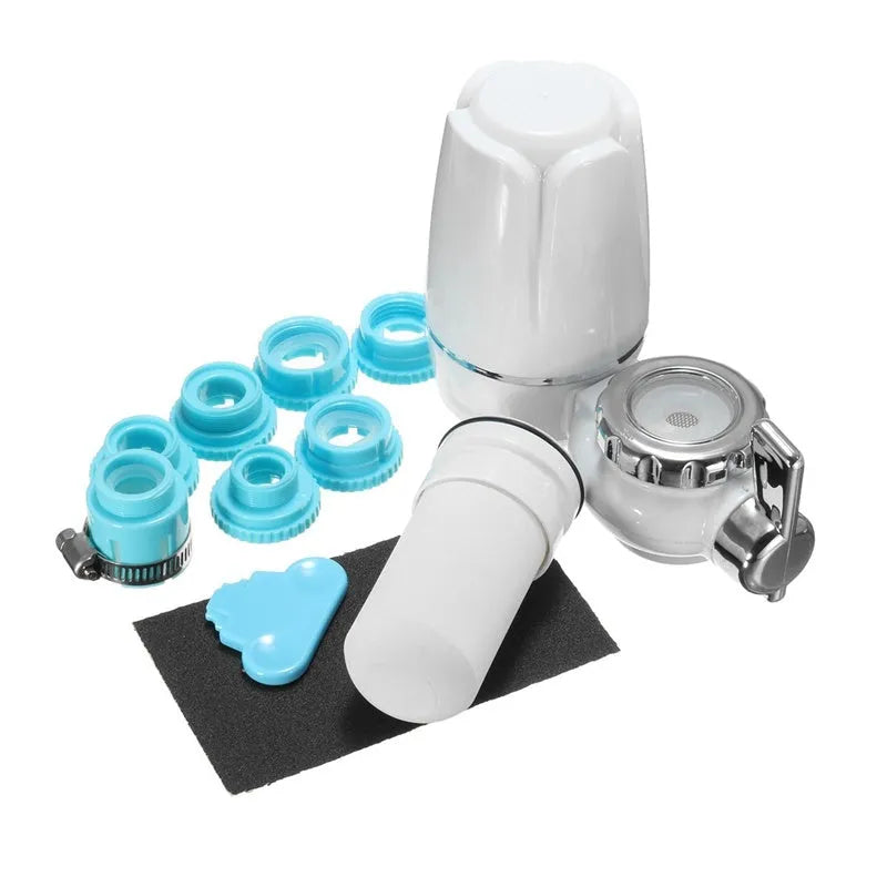White faucet water purifier with ceramic filter and adapters for kitchen tap installation