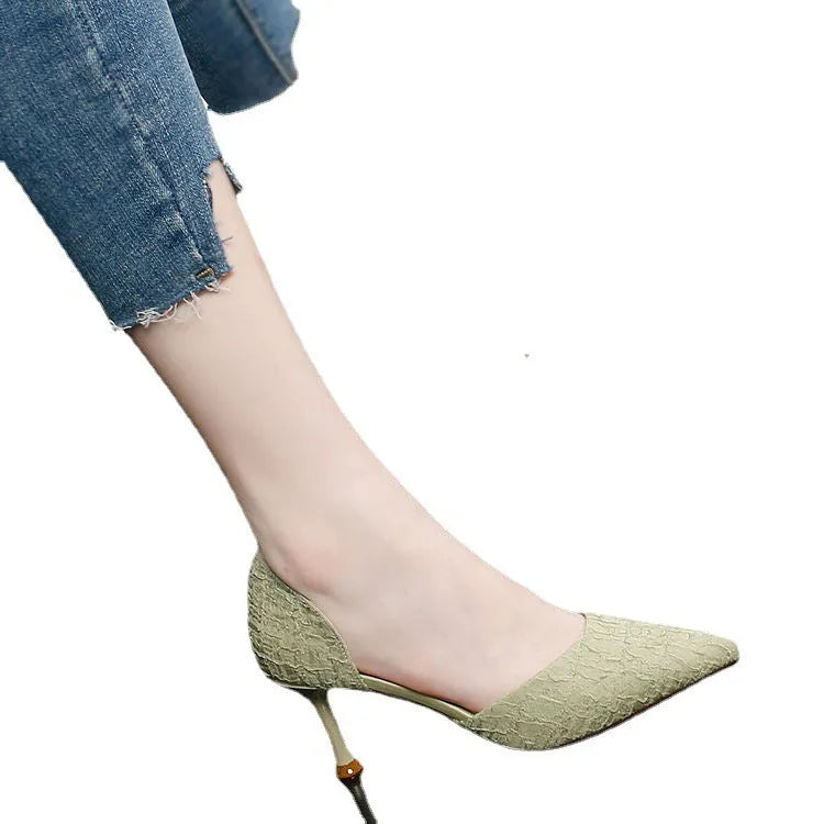 Women's black pointed toe stiletto heels with 6-8cm heel height and rubber soles