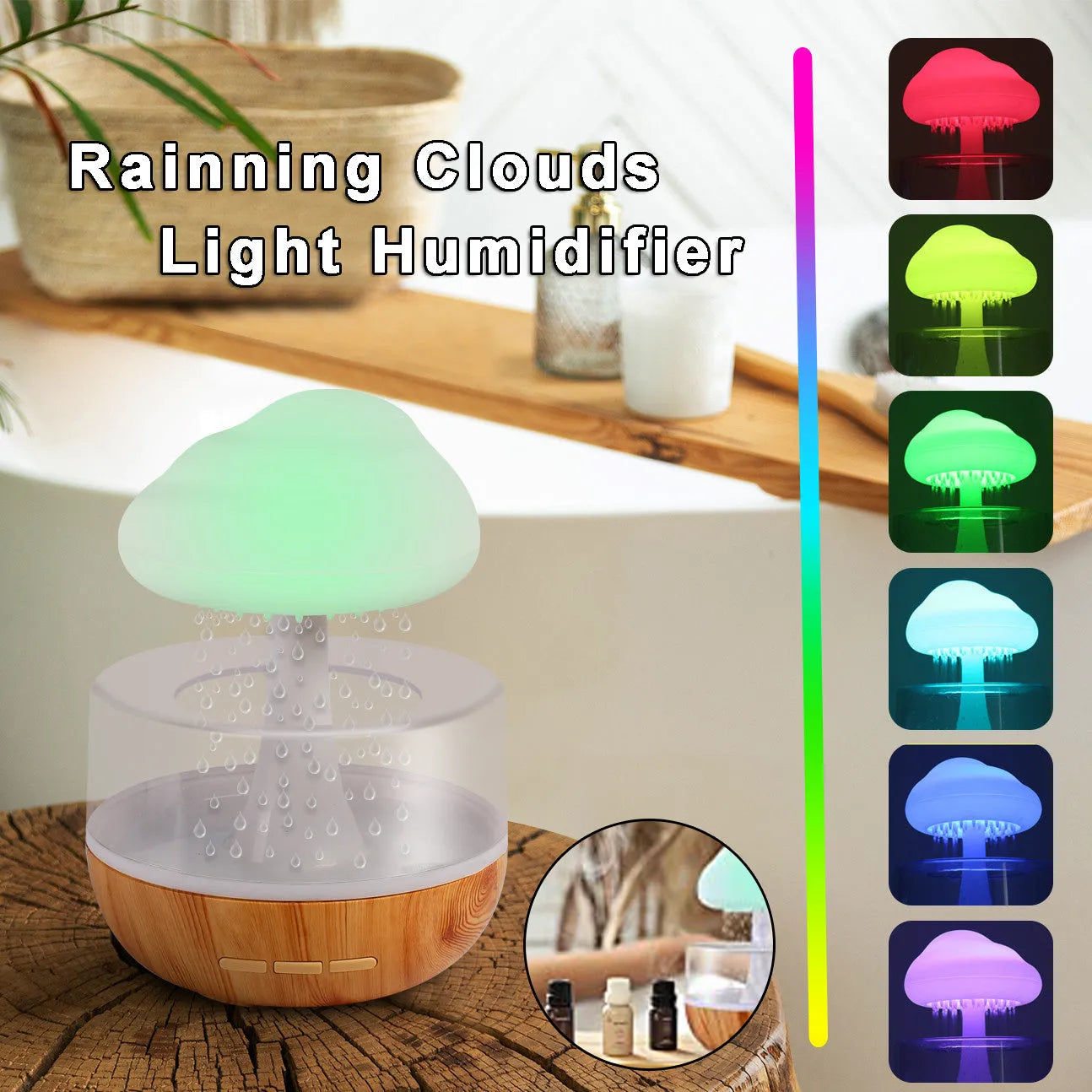 White cloud-shaped USB humidifier with 400ml tank, 7-colour LED light, and aromatherapy diffuser on a desk