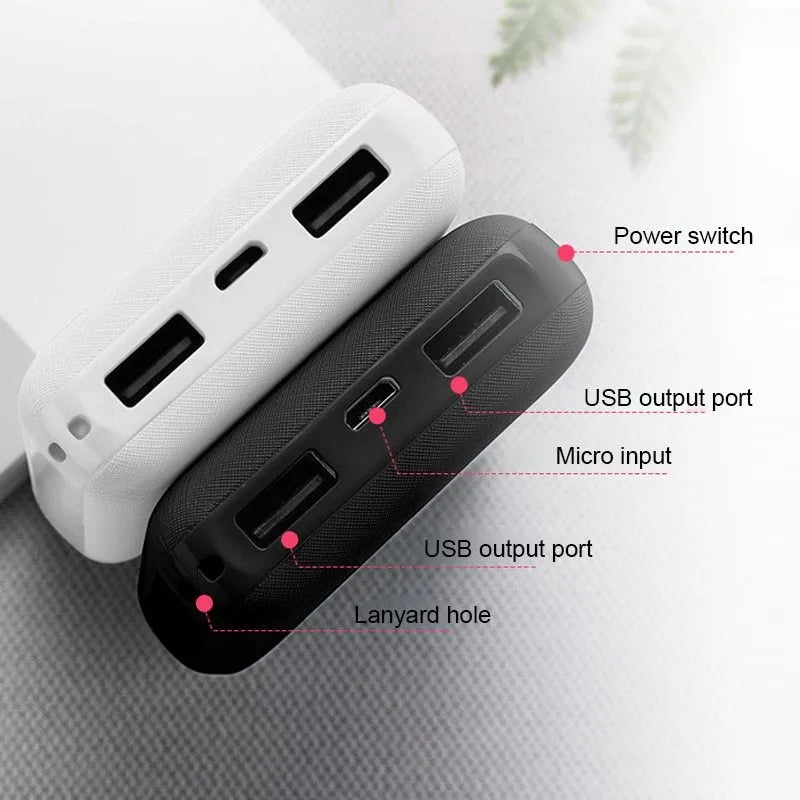 Slim 10,000mAh power bank in black or white with multiple USB ports showing 90x63x22mm dimensions