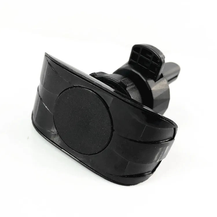 Black car phone holder attached to vehicle air vent with smartphone securely mounted