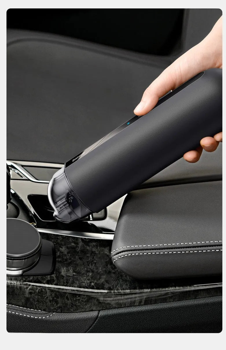 BASEUS handheld car vacuum cleaner in black, white, or green with blowing hose and HEPA filter