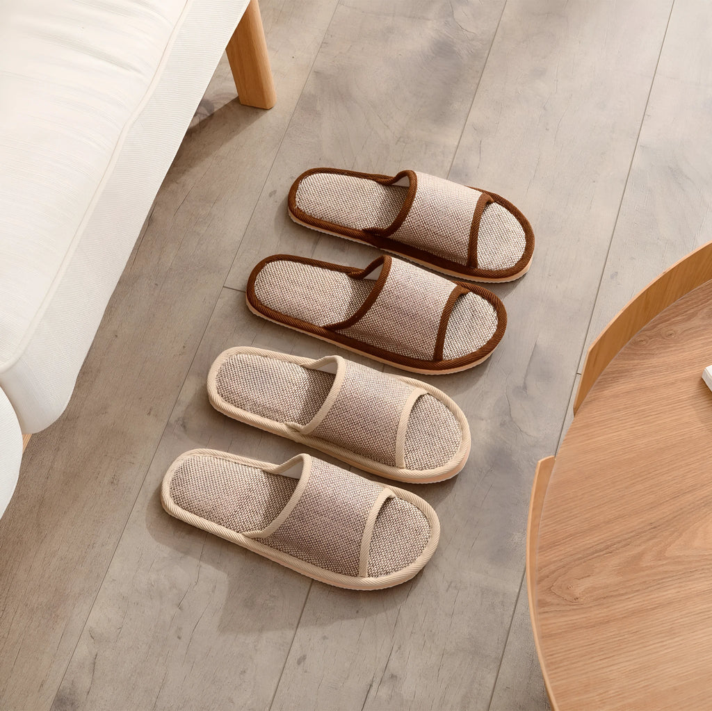 Women's open-toe linen slippers in light brown with a thickened sole.