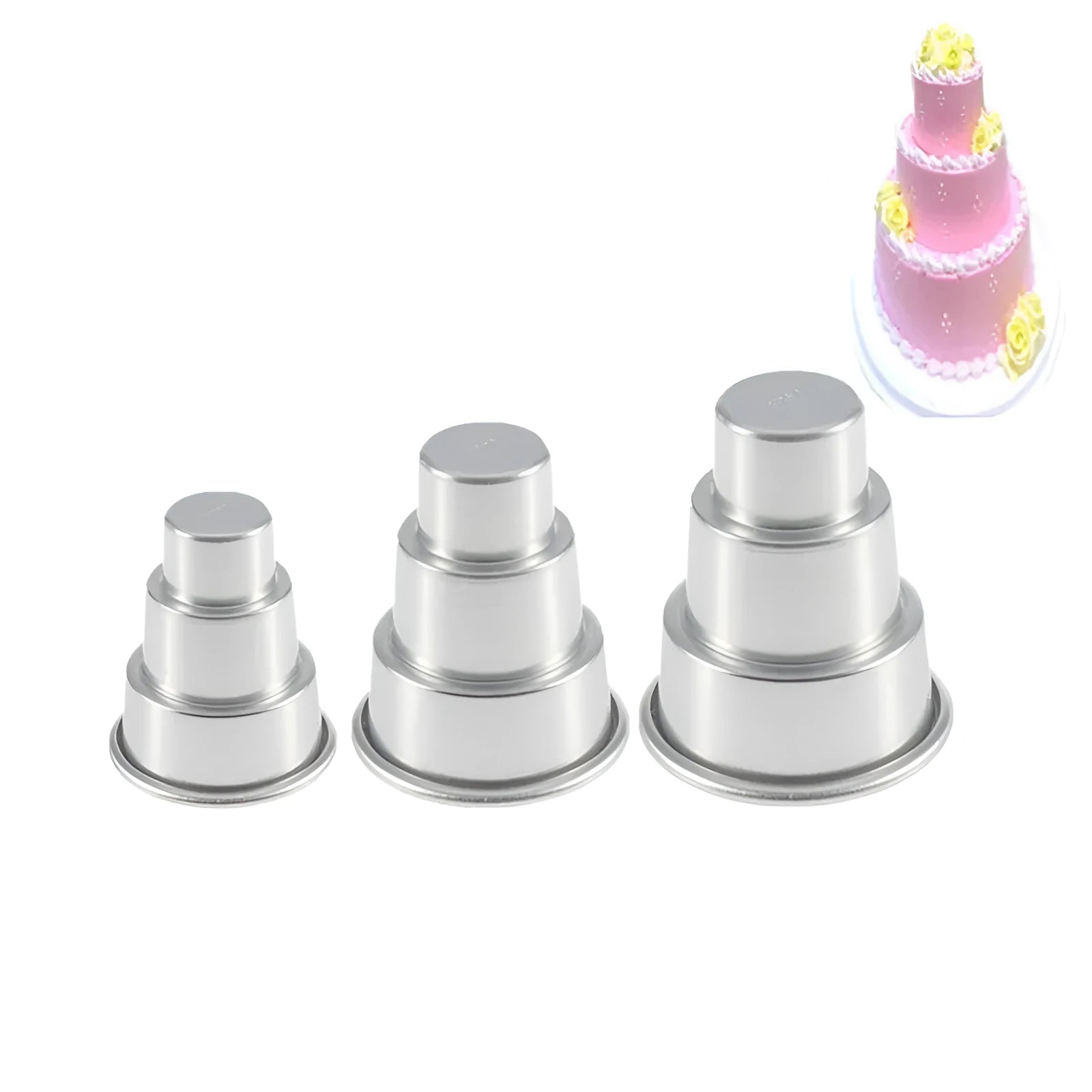 Set of three silver aluminium alloy cake moulds in large, medium, and small sizes.