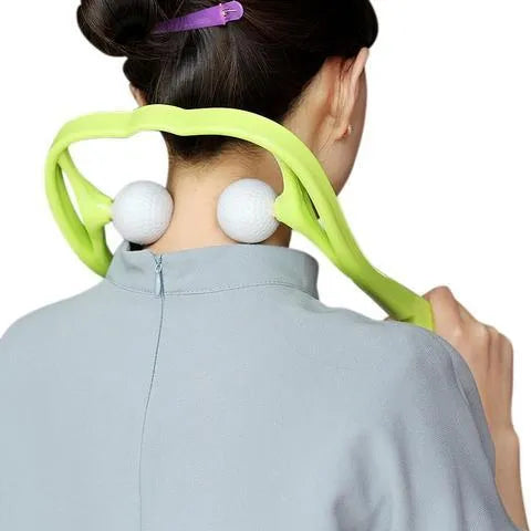 Plastic swan-shaped neck massager in pink, blue, or green with adjustable hand roller for 360° pressure point therapy