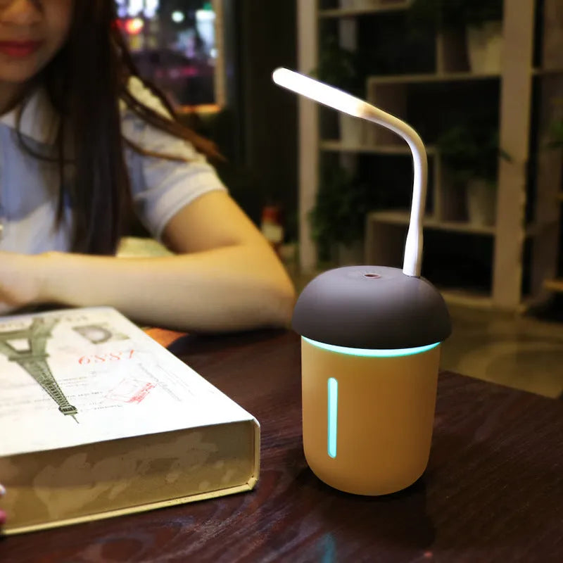 USB charging household air purifier with water replenishing fan, night light, and humidifier in mushroom design, shown in coffee, pink, black, and blue.