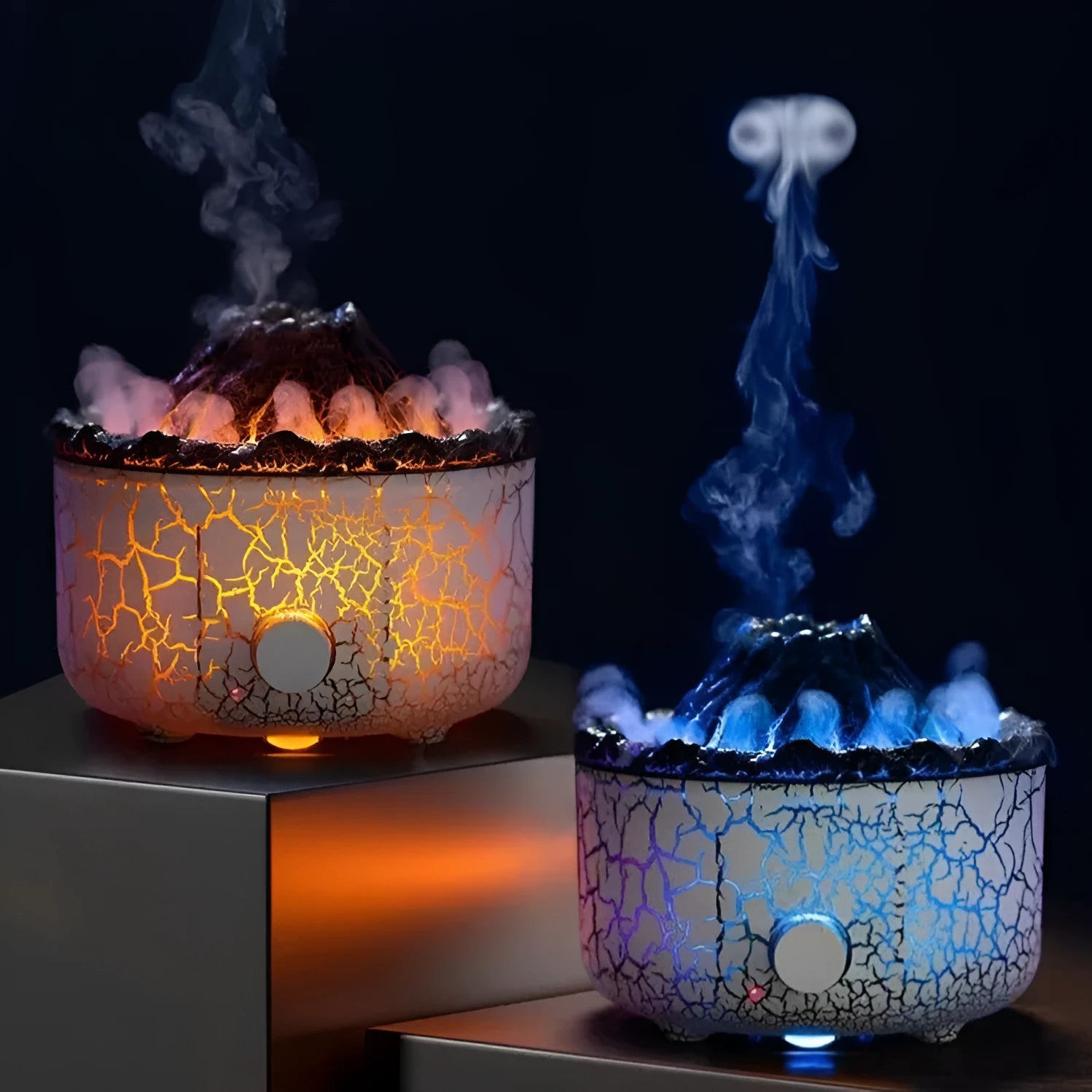 Volcanic humidifier diffuser with colourful flame effect mist and LED lighting
