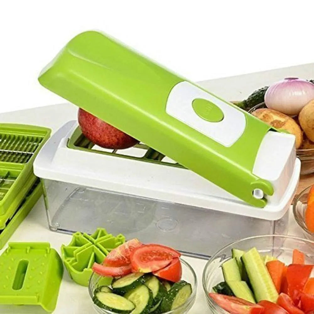 12-piece green vegetable chopper with stainless steel blades and ABS plastic body, 30x15x12cm dimensions