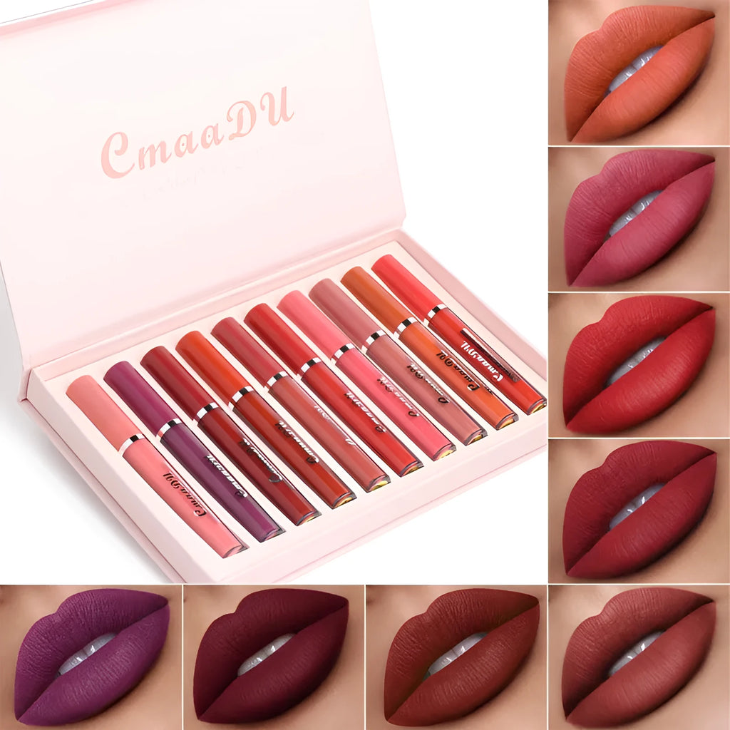 Ten matte lipsticks in packaging with waterproof non-transfer formula