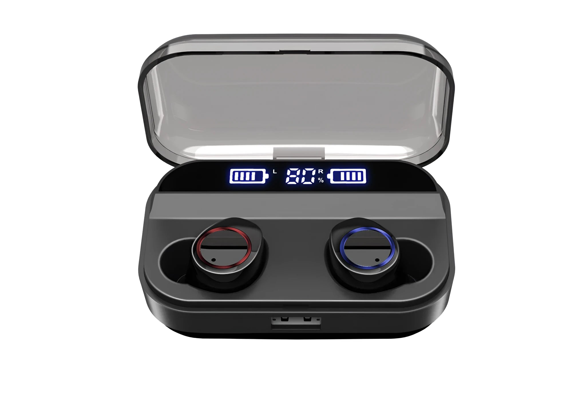 Black X11 Bluetooth wireless earbuds with charging case showing touch controls and included ear sleeves