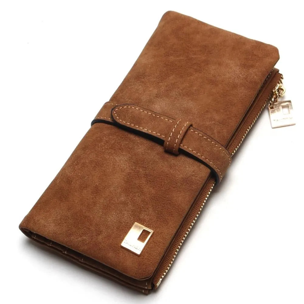 Korean-inspired retro matte leather long wallet with zip closure and RFID protection, showing inner card slots and note compartment