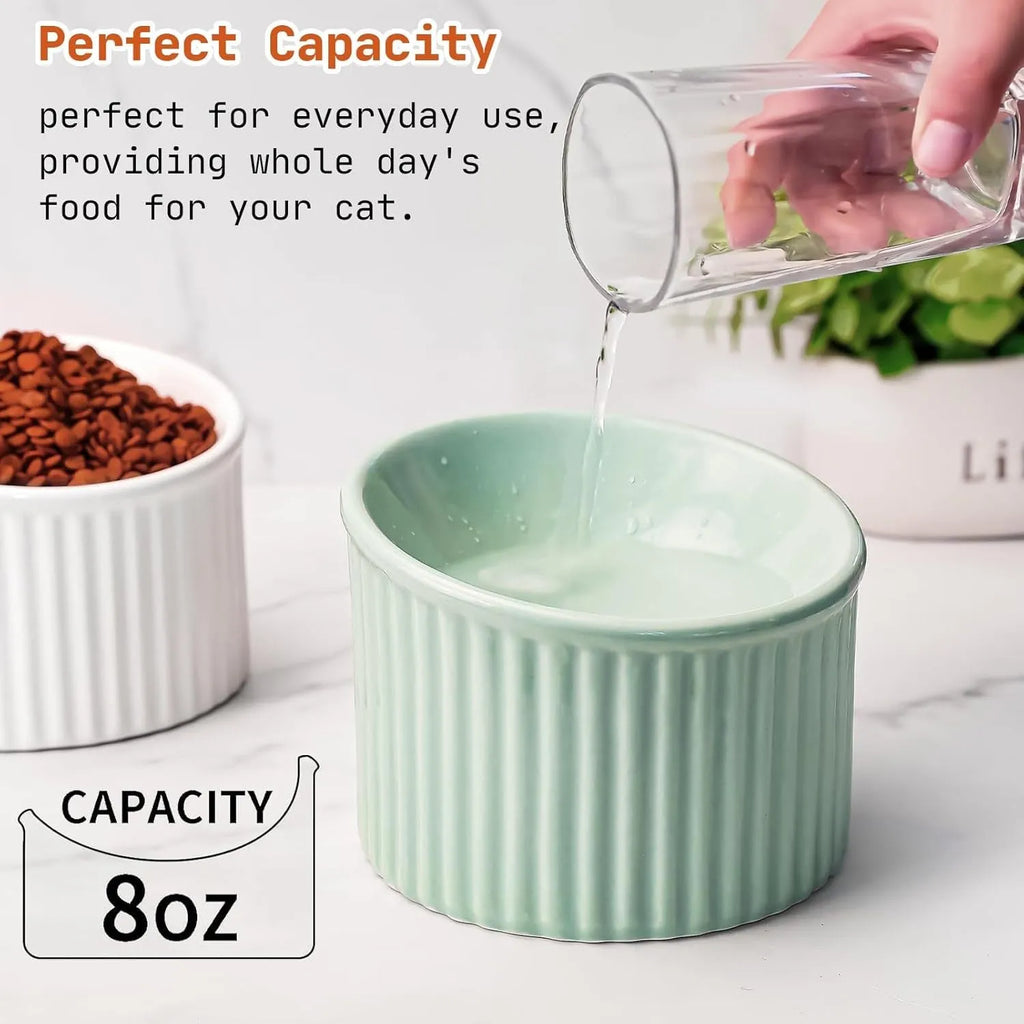 Ceramic elevated cat bowl in dark green, light green, or yellow with 11cm or 14cm height for reduced acid reflux