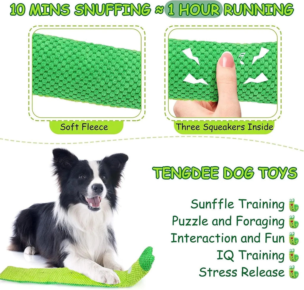 Interactive dog puzzle toy in snail shape with squeakers and foraging holes for mental stimulation