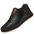 Men's white breathable shoes with matte leather upper and 6CM flat heel, showing round toe design