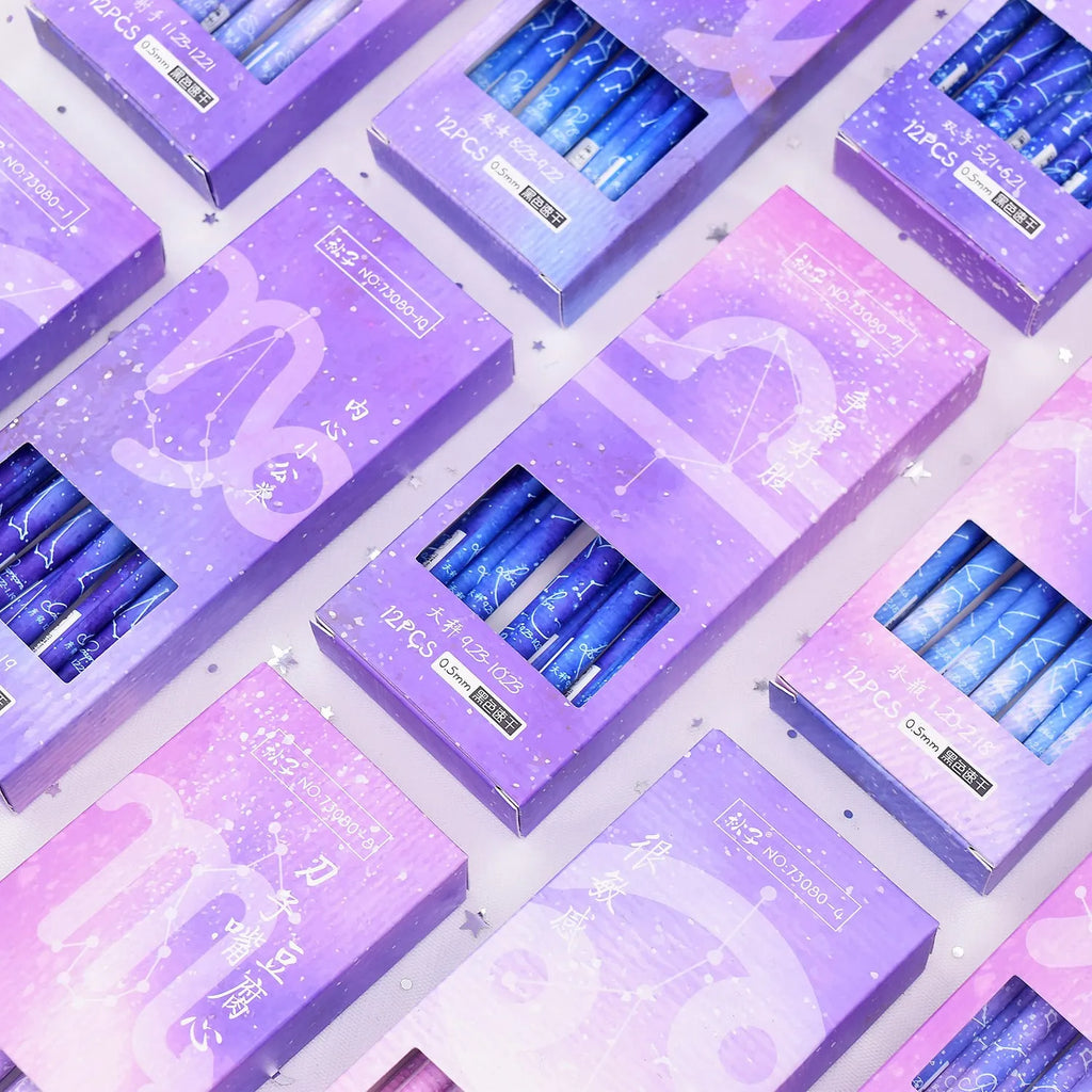 Box containing 12 constellation-themed plastic gel pens with quick-drying ink