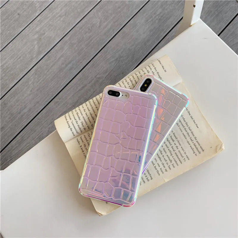 Silver glossy laser-effect silicone back cover case for iPhone with lanyard hole.