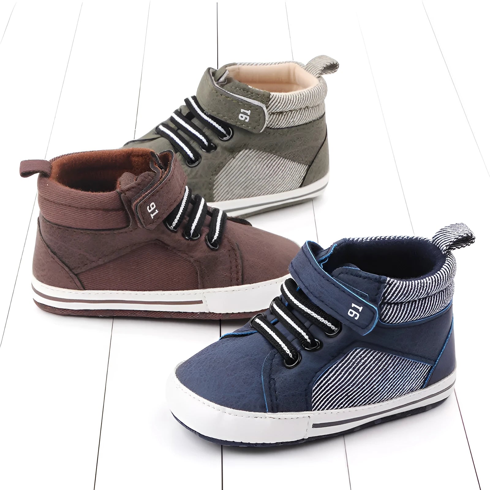 Blue cotton high-top toddler shoes with Velcro closure and non-slip sole