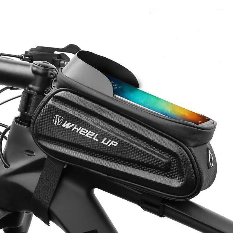 Black and grey mountain bike phone bag with reflective strips mounted on bicycle handlebars