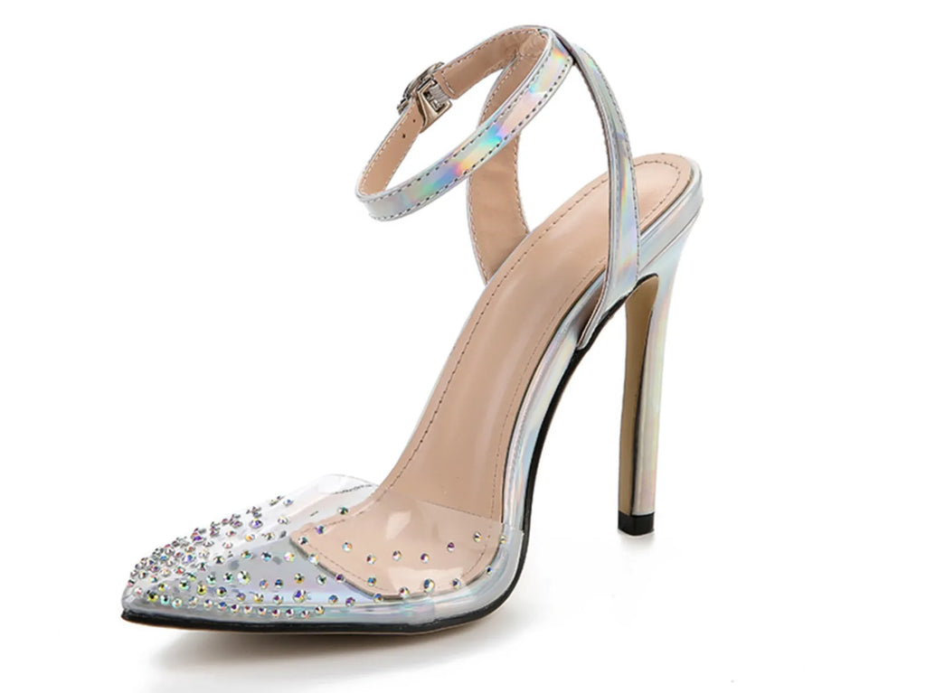 Women's pointed diamond sandals with stiletto heels, PVC upper, sizes 35-42, foot length 225-250mm