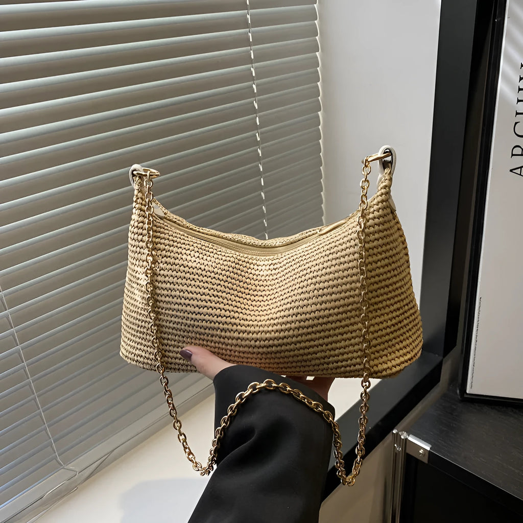 Straw woven beach shoulder tote bag in horizontal square shape with sandwich pocket