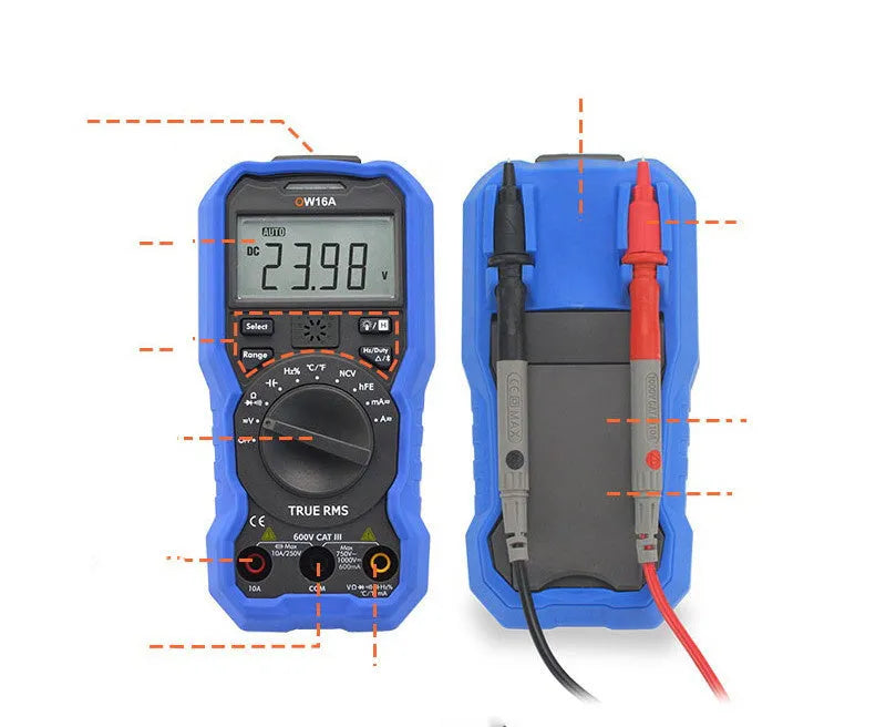 Handheld digital multimeter with LCD display, test leads, and NCV non-contact voltage sensor.